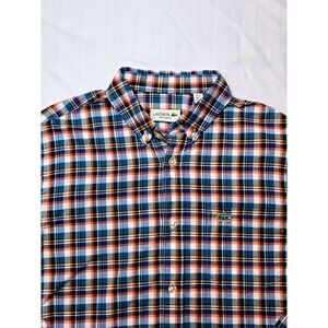 Lacoste Men's Regular Fit Plaid Button Down Shirt Blue Orange White Size Small